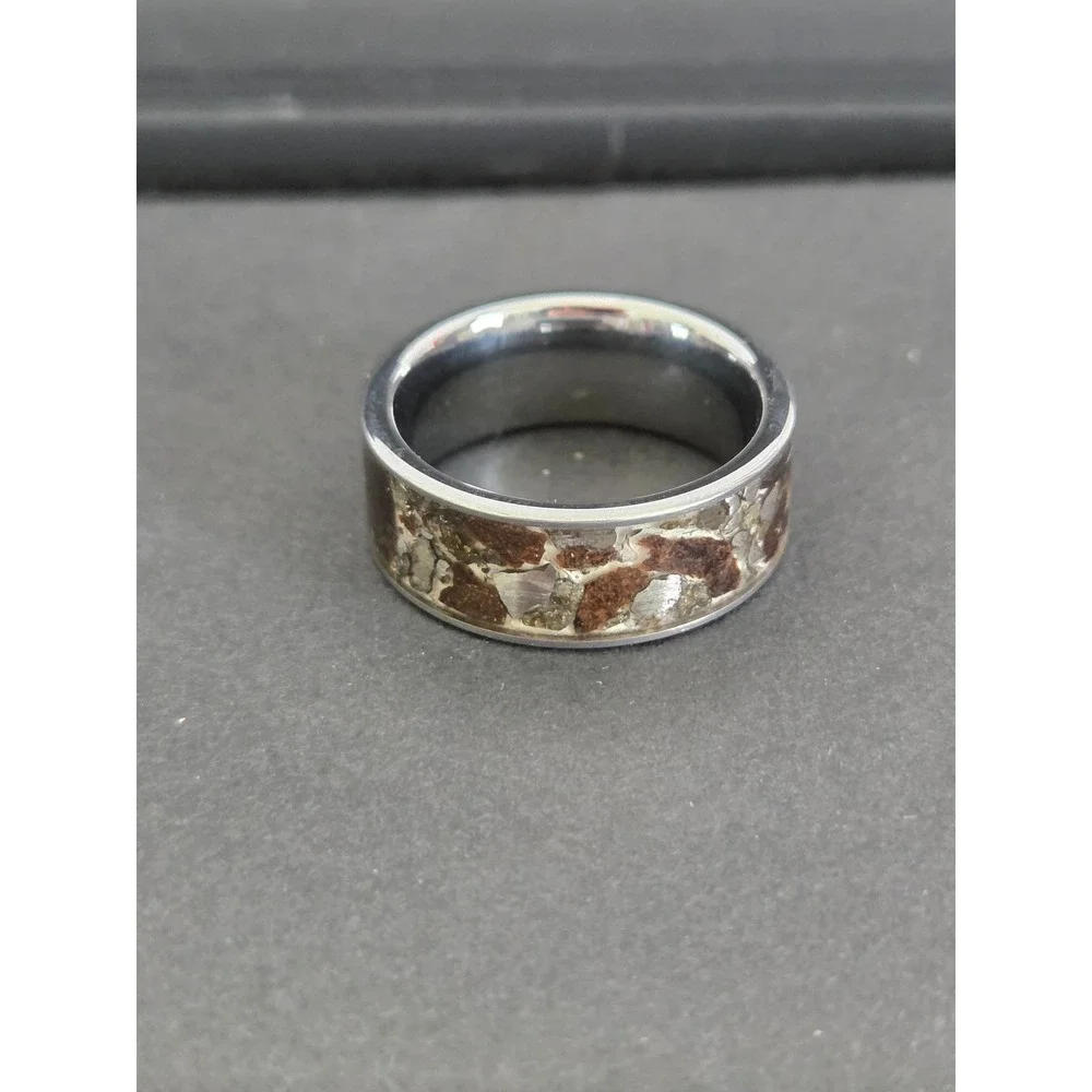 Unique T-Rex Fossil, Meteorite, Pyrite, & Quartz Crystal, Tungsten Ring Size 7.5